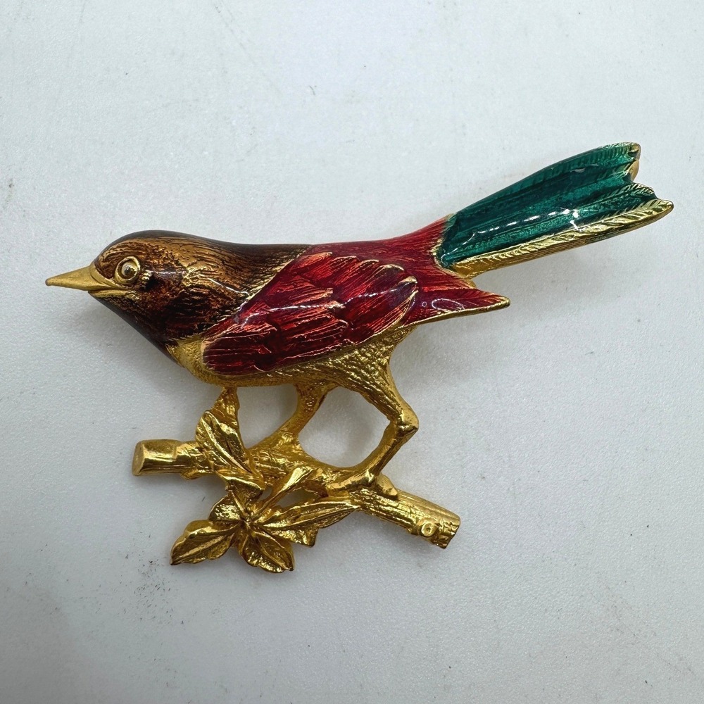 Vintage Sphinx Gold Tone Multi Color Enamel Bird on Branch Brooch Pin Signed